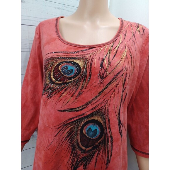 New Directions Coral Red Embellished Knit Top Peacock Feathers Womens XL Cotton - Picture 2 of 7